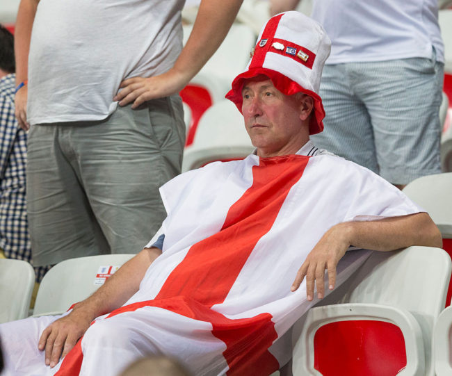 NICE, FRANCE - JUNE 25:  Dejection for England fans at full time during the UEFA Euro 2016 Round of 16 match between England and Iceland at Allianz Riviera Stadium on June 27 in Nice, France.  (Photo by Craig Mercer/CameraSport via Getty Images)